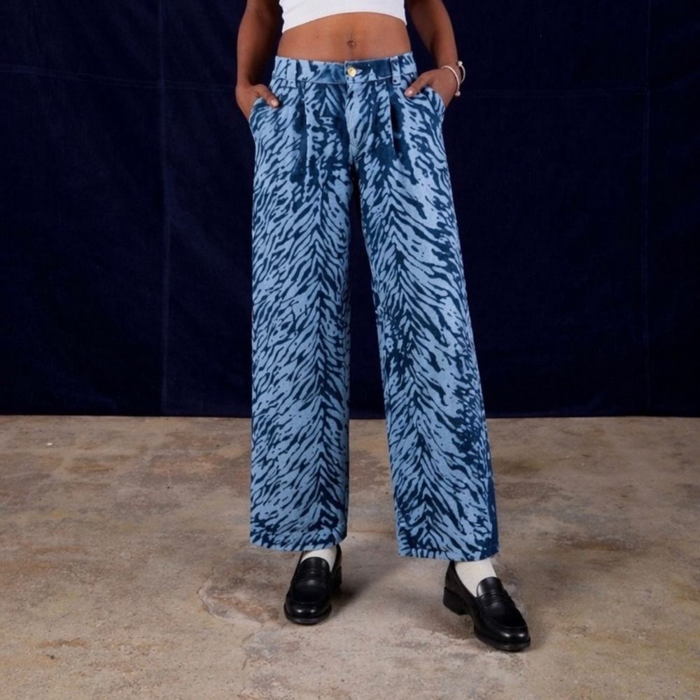 Big Bud Press Mid Rise Trousers Women's XXS Blue Tiger Print Cotton Streetwear